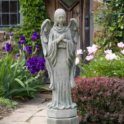 Campania International Autumn Angel Statue stained in the Alpine Stone  patina, the ideal color for this garden statue.