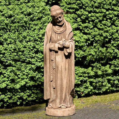 Campania International St. Francis with Baby Bird Statue stained in the Brownstone  patina, the ideal color for this garden statue.