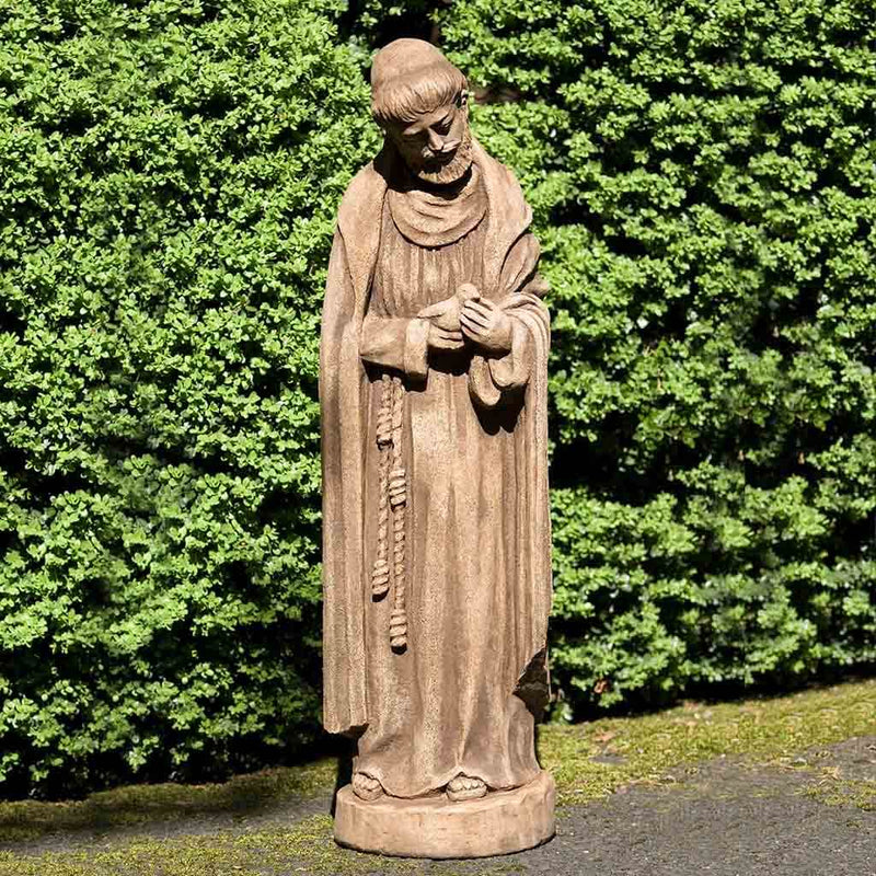 Campania International St. Francis with Baby Bird Statue stained in the Brownstone  patina, the ideal color for this garden statue.