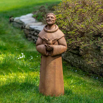 Campania International Contemporary St. Francis Statue stained in the Pietra Nuova  patina, the ideal color for this garden statue.