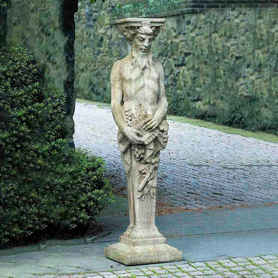Campania International Tall Satyr Statue stained in the Aged Limestone patina, the ideal color for this garden statue.