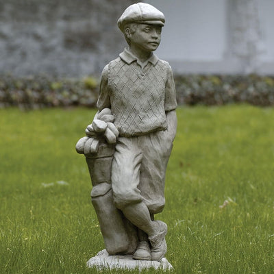 Campania International Male Golfer Statue stained in the Alpine Stone patina, the ideal color for this garden statue.