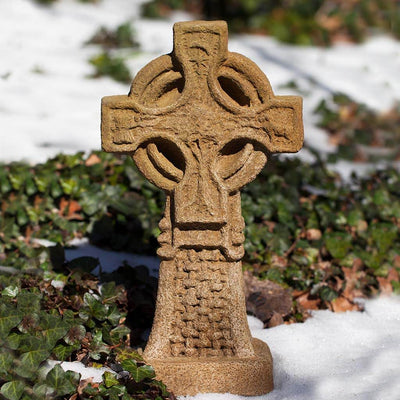 Campania International Celtic Cross Statue stained in the Aged Limestone  patina, the ideal color for this garden statue.