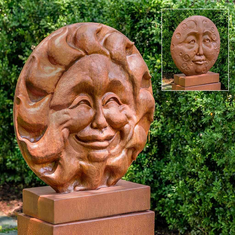 Campania International Vernal Equinox Statue, set in the garden to add charm and character. The statue is shown in the Ferro Rustico Nuovo Patina.