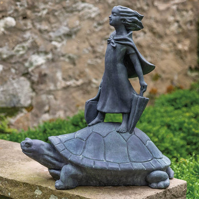 Campania International Tortoise Shell Express Statue stained in the Lead Antique patina, the ideal color for this garden statue.