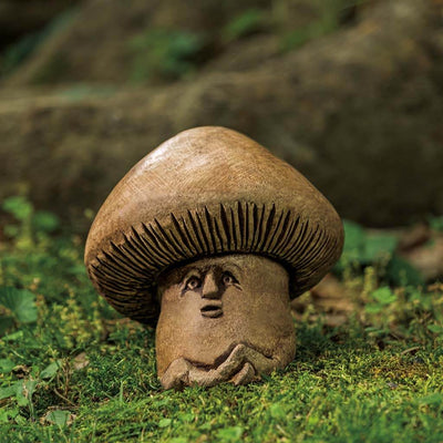 Campania International Shroom Statue stained in the Brownstone patina, the ideal color for this garden statue.